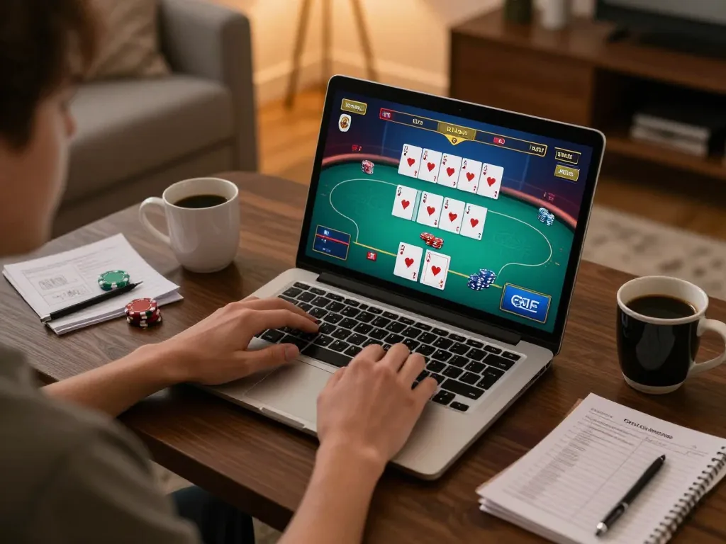 Player engaged in online gambling on nhà cái 23win with vibrant poker game displayed on laptop.
