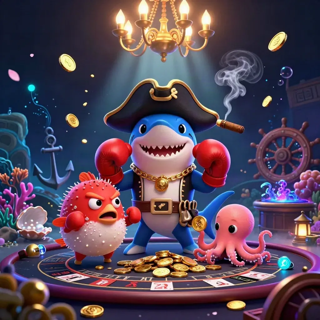 Squalo pirata, pesce palla e polpo tra monete d’oro e coralli in una scena neon sottomarina.