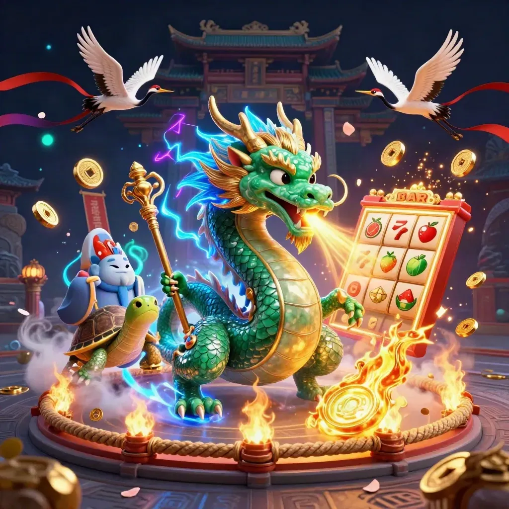 Drago di giada, tartaruga saggia e gru tra fuoco, monete e neon blu.