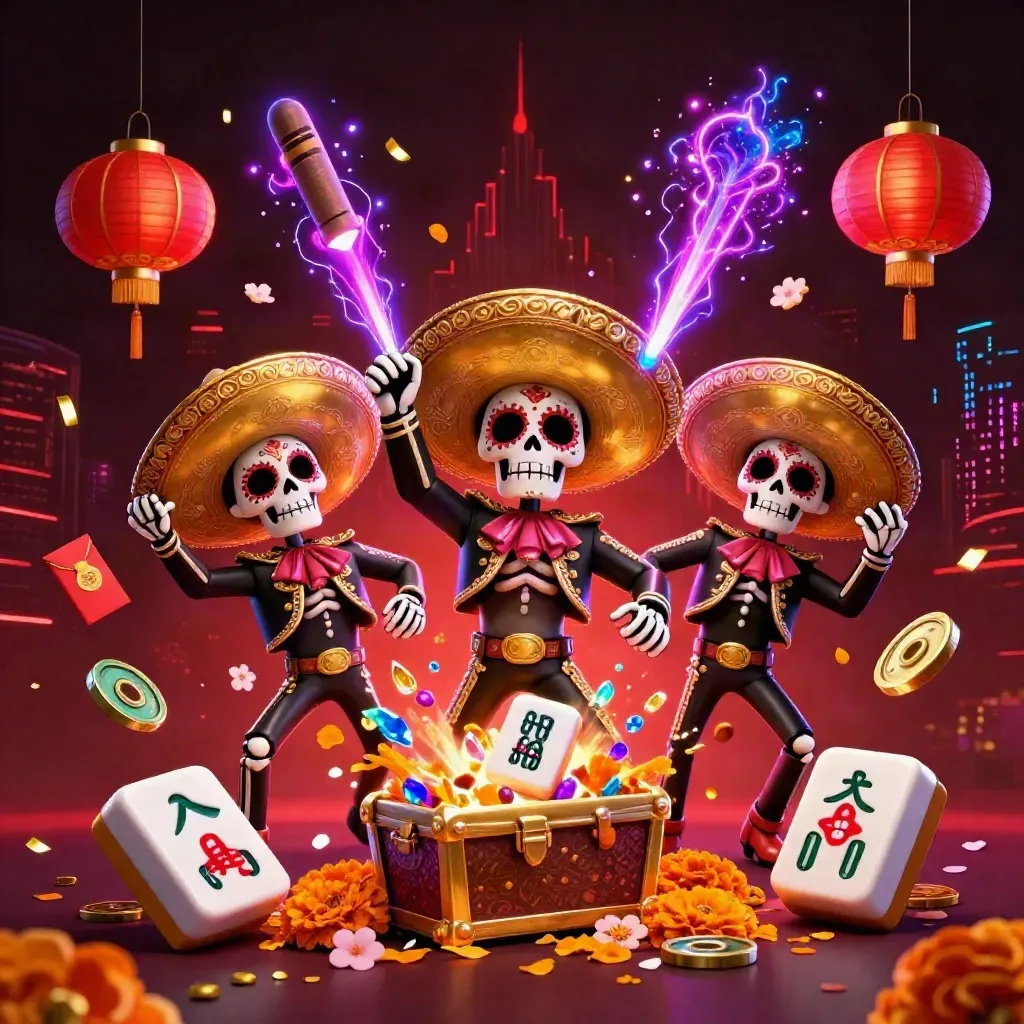 Tre scheletri mariachi tra petali, lanterne, monete jade e fulmini neon viola.