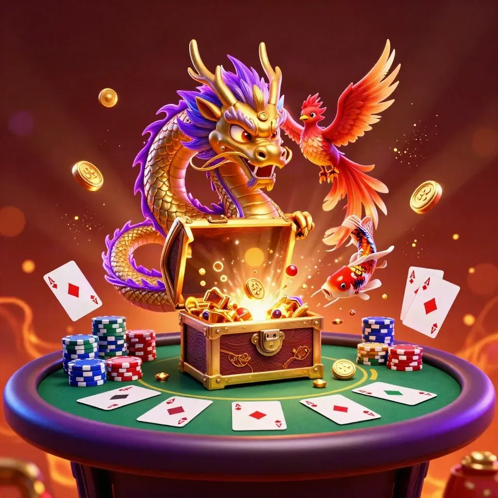 Drago dorato con fenice e koi tra carte da poker e tesori neon