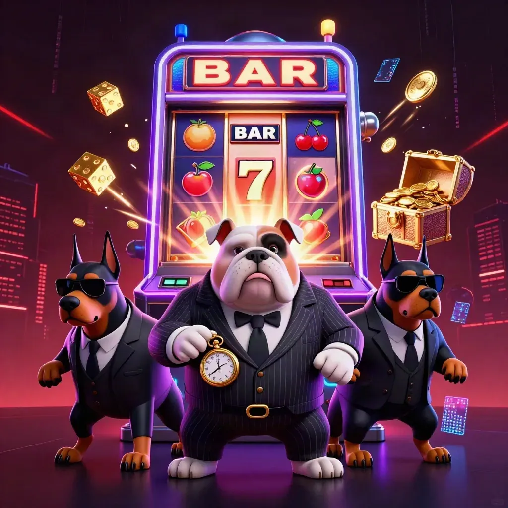 Bulldog boss e due doberman tra slot esplose, monete d’oro e bagliori neon.