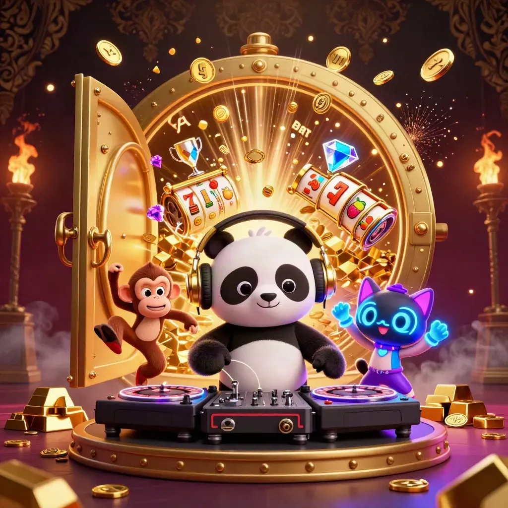 Panda DJ, scimmia danzante e gattina neon tra cassaforte d’oro, monete e fuochi d’artificio.