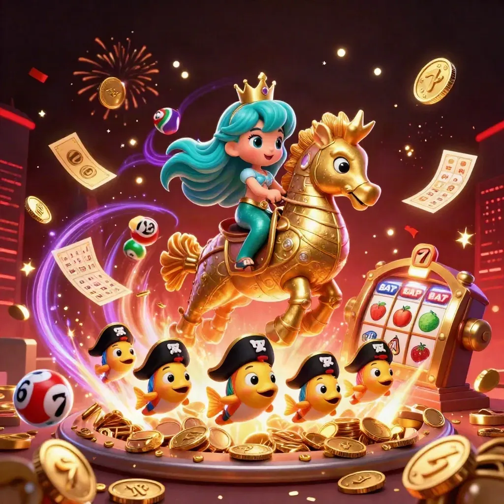 Sirena principessa su cavalluccio marino tra monete, bonus, fuochi d’artificio e simboli slot neon