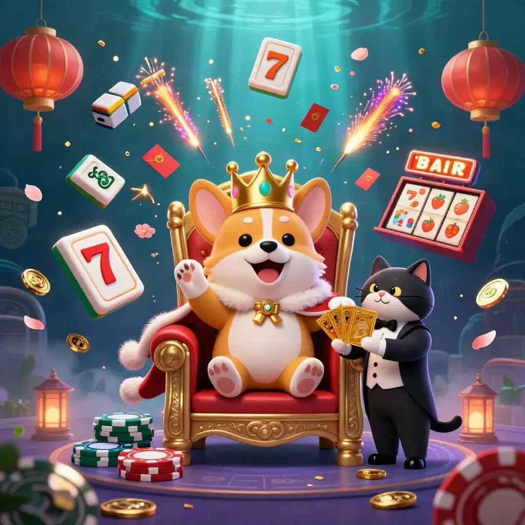 Corgi reale e gatto maggiordomo tra monete, lanterne e fuochi d’artificio nel blu profondo