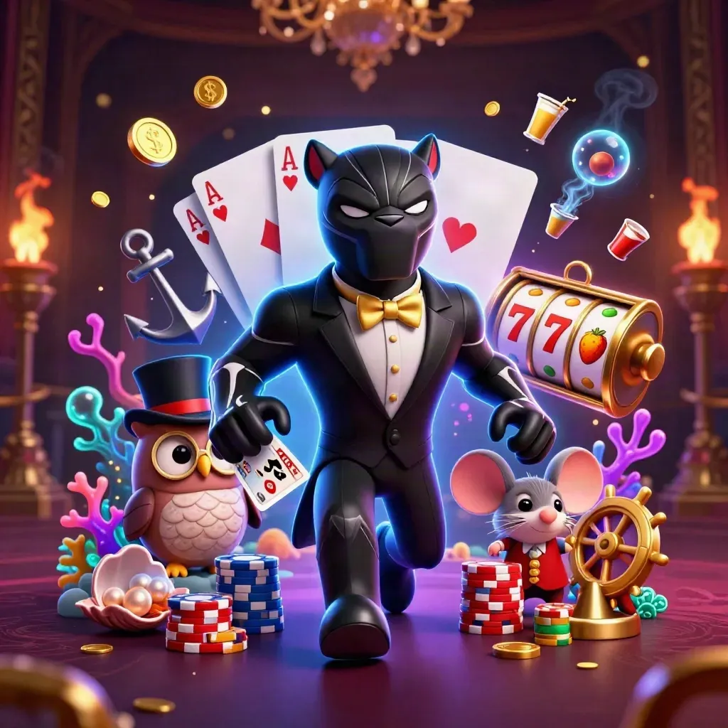 Pantera tuxedo, gufo e topolino tra slot, monete, coralli e luci neon