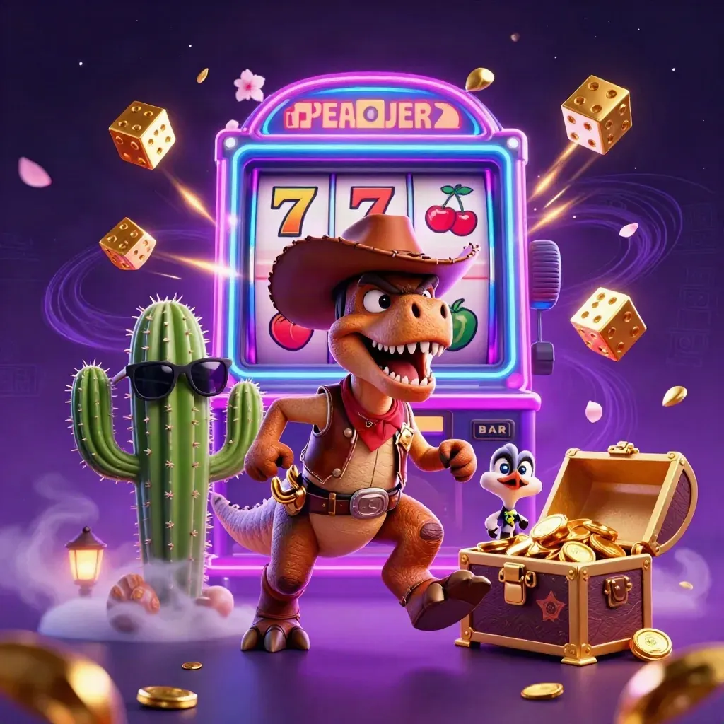 Dinosauro cowboy, cactus e uccello sceriffo tra slot, monete e luci neon viola.