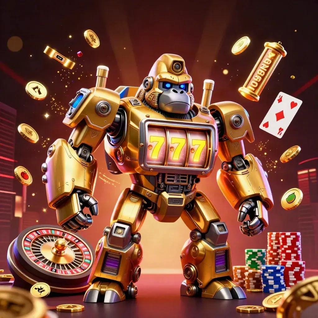 Gorilla mech dorato con scimmietta pilota, rulli 777, monete e luci neon