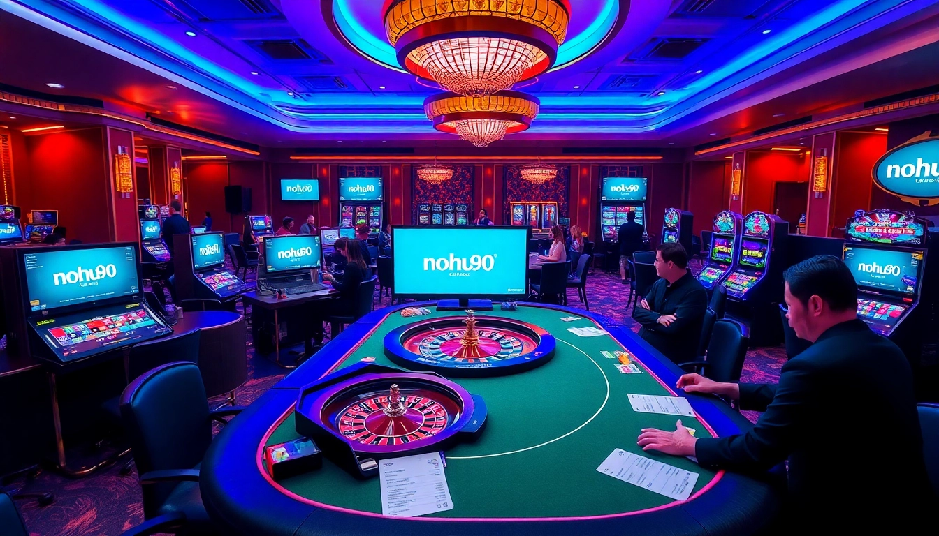 Nohu90 players enjoying a vibrant online gambling experience at a luxurious casino table.
