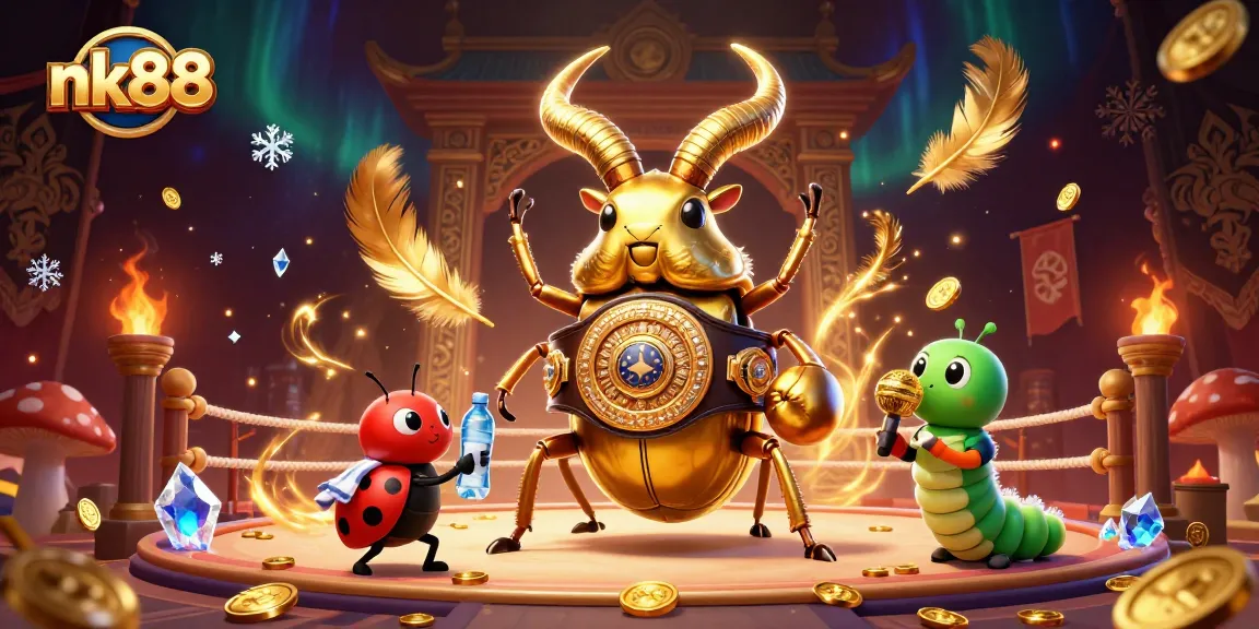 Engage with thrilling action at nk88, featuring a golden stag beetle in a boxing ring with vibrant casino elements.
