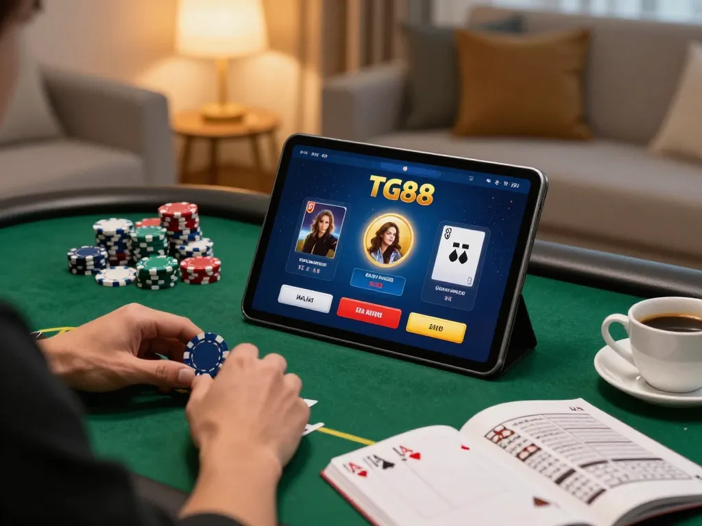 TG88 player engaging with poker gameplay on tablet in cozy home setting, emphasizing responsible gaming.