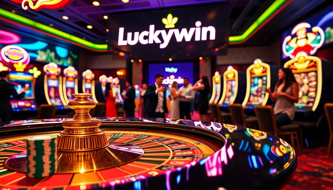Experience luxury at luckywin with a vibrant casino scene featuring roulette and poker excitement.