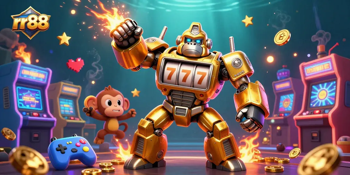 Experience thrilling gameplay at rr88 with a dynamic golden gorilla mech and arcade-inspired environment.