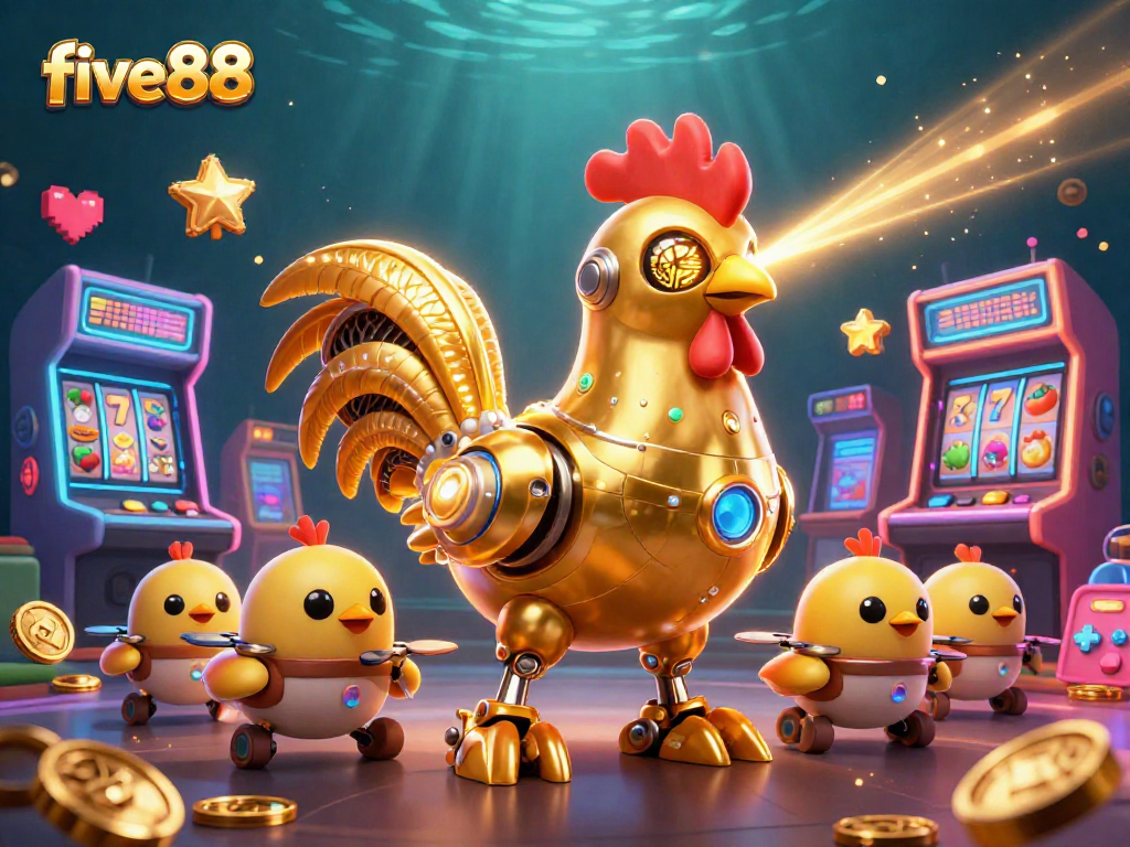 Experience vibrant five88 casino excitement with a futuristic golden rooster robot amidst retro games.