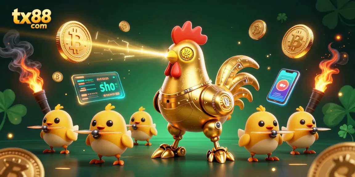 Experience thrilling gameplay with tx88 com, featuring a futuristic golden rooster robot amidst glowing crypto coins.