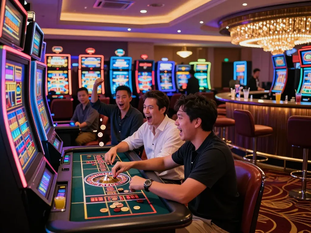 Exciting casino atmosphere with players engaging at https://nohu78.de.com slot machines.