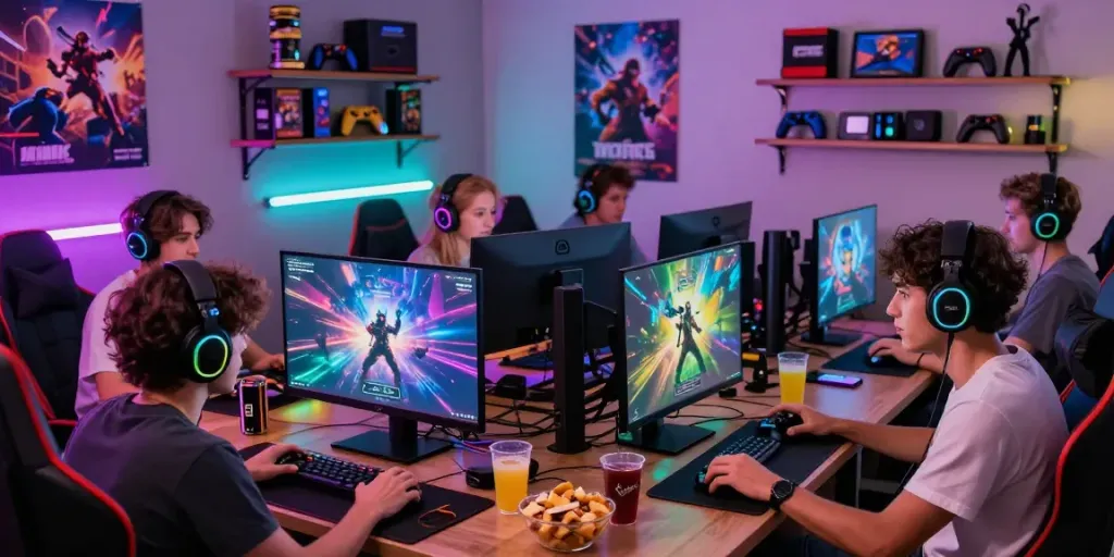 Friends enjoying rokok88 login in a vibrant home gaming setup.