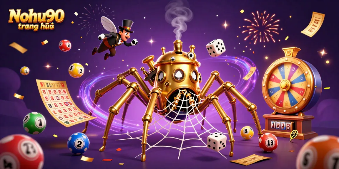 Nohu90 trang chủ showcases an energetic casino scene with a golden spider catching unlucky dice and vibrant lottery balls