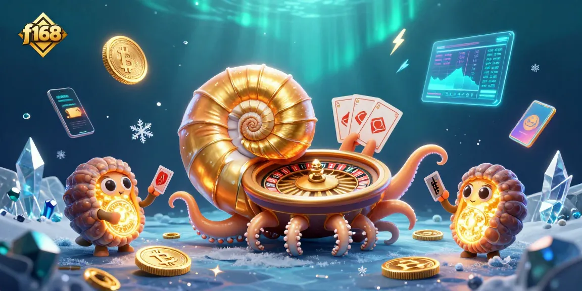 Experience thrilling games at f168 with a vibrant casino scene featuring an ancient nautilus and crypto elements.