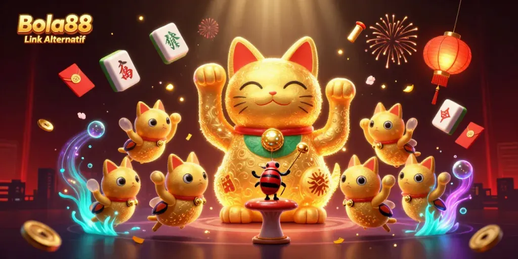 Experience the vibrant world of Bola88 Link Alternatif with a lucky cat and golden fireflies surrounded by festive casino symbols.