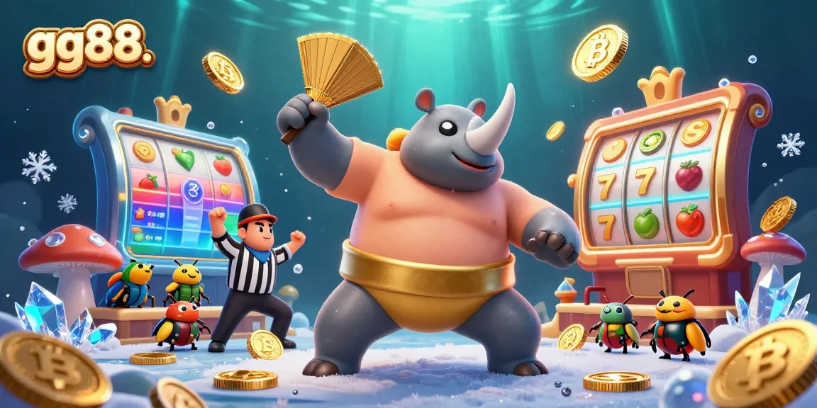 Experience thrilling gameplay as the gg88. sumo champion beetle stomps, launching coins in an exciting casino scene.