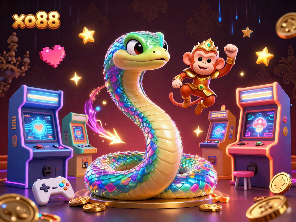 Win big at xo88 with a vibrant 3D casino scene featuring a rainbow serpent and gaming elements.