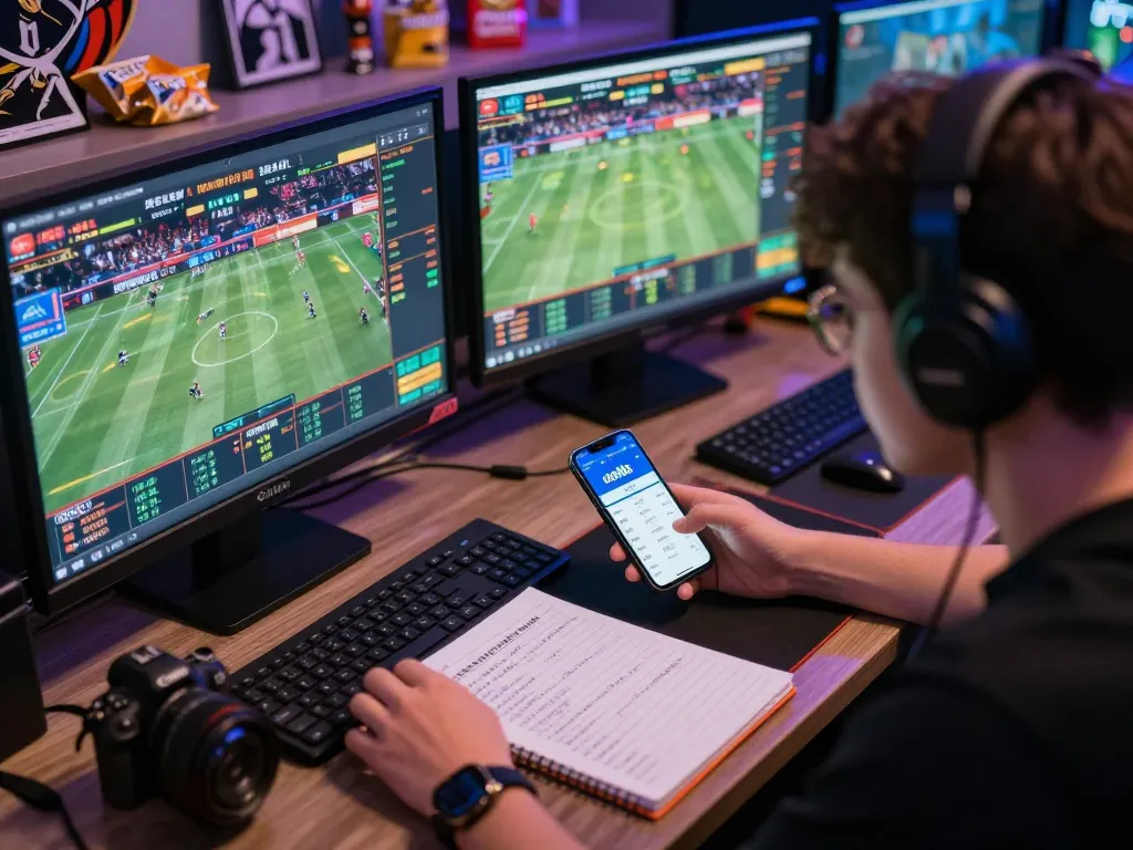Engaging moment of open88c sports betting with player focused on multiple screens and betting app