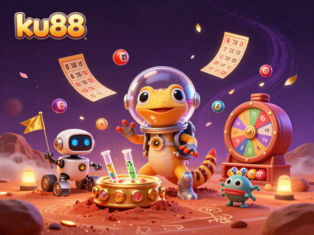 ku88 offers an exciting view of a Martian gecko discovering a golden casino amidst colorful lottery elements.