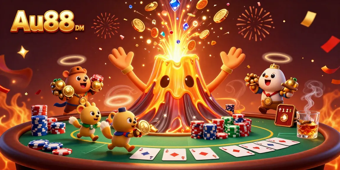 Win big at Au88 DM as cartoon characters celebrate around a golden volcano of coins!