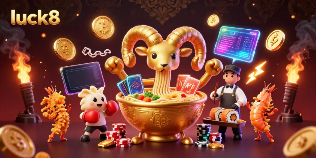 luck8 engages players with a vibrant casino scene featuring a golden ramen bowl dealer surrounded by dynamic game elements.