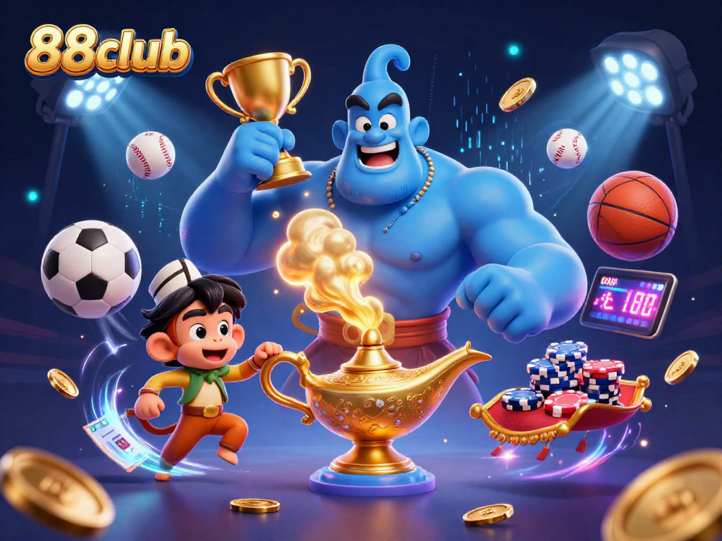 Engage in exciting gameplay at 88club, featuring a dynamic scene with a genie, monkey, and poker chips.