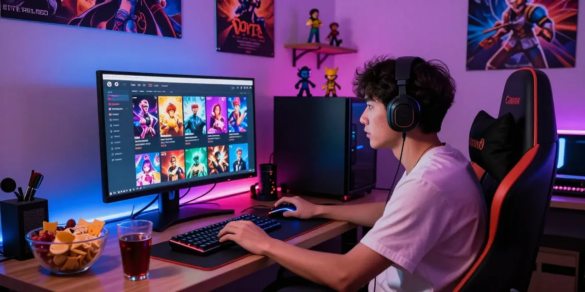 Enjoy engaging free hentai games on vibrant gaming setup with snacks and collectibles.