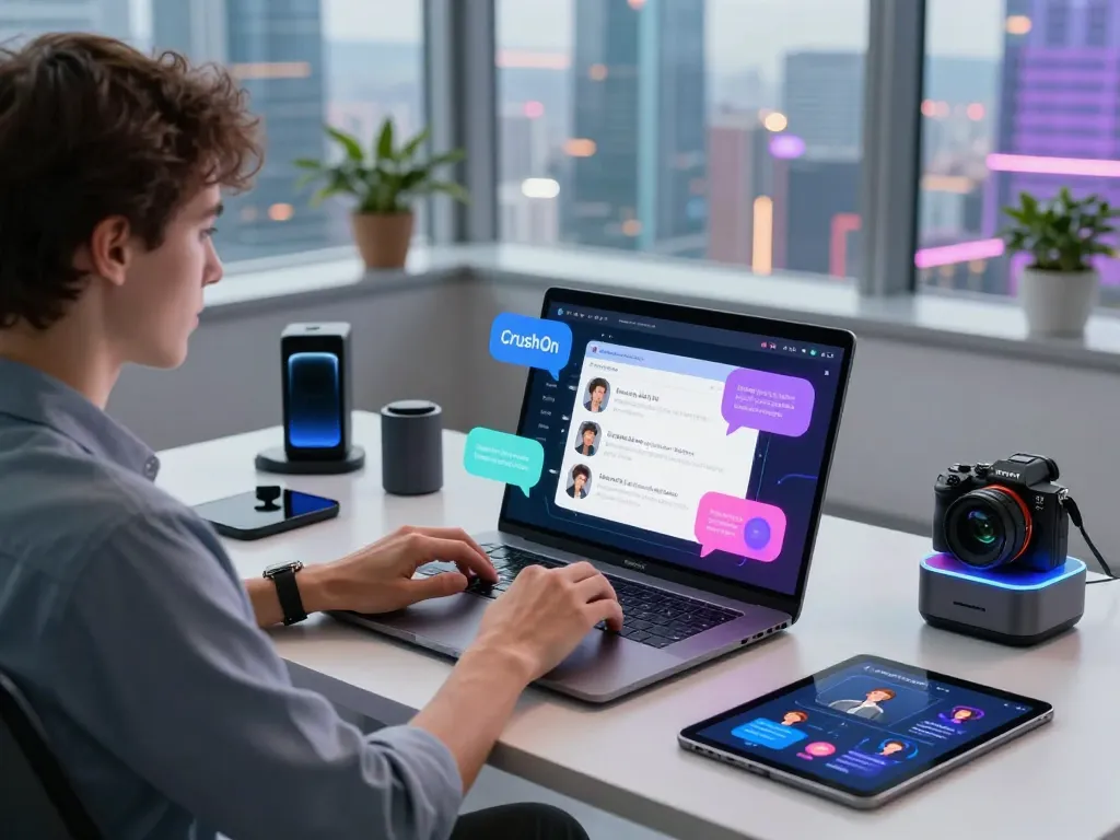 Engaging CrushOn AI chat scene with user interacting in a vibrant workspace, showcasing innovative technology.