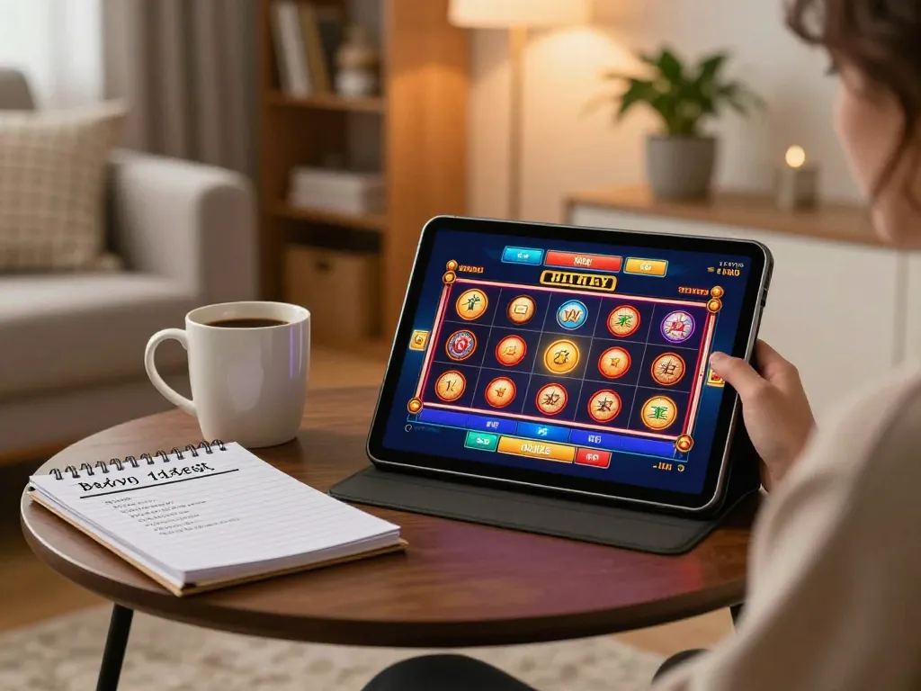 Engaging in online gaming at Trang chủ F168 with a tablet showing vibrant casino games.