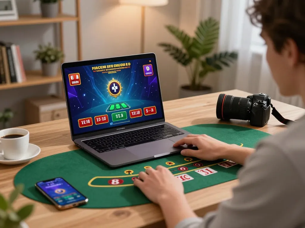 Playing live dealer blackjack on Link Jun88 platform via laptop in a cozy home office.