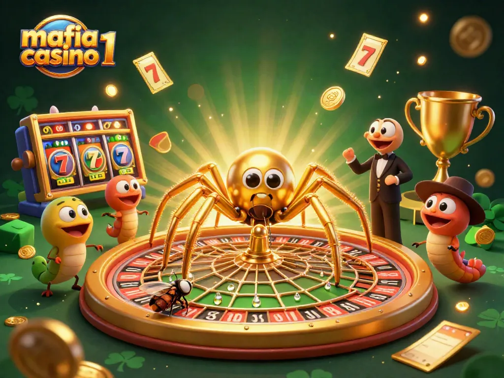 Engage with mafia casino 1 in a dynamic scene featuring a playful golden spider and exciting casino elements.