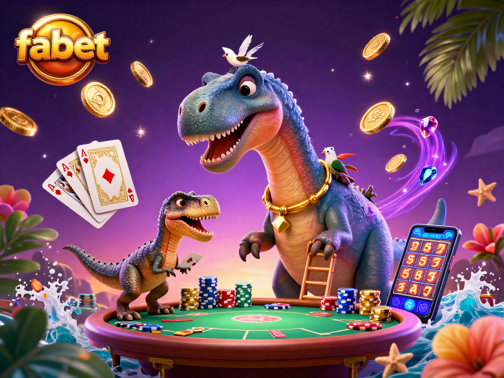Experience fabet's thrilling gaming with a towering dinosaur dealer among cascading coins and cards.