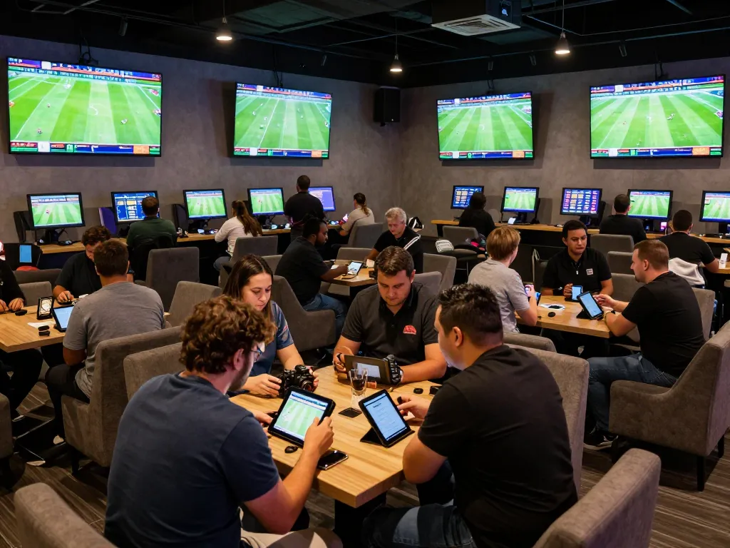 Live sports betting scene with fans engaged in ดูบอลสด on tablets and phones, showcasing football excitement.
