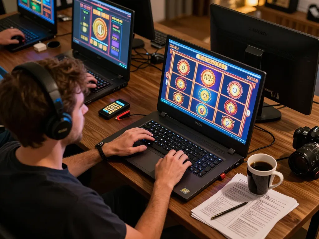 Player engaging with nhà cái 23win online slots interface at home, surrounded by strategy notes and drinks