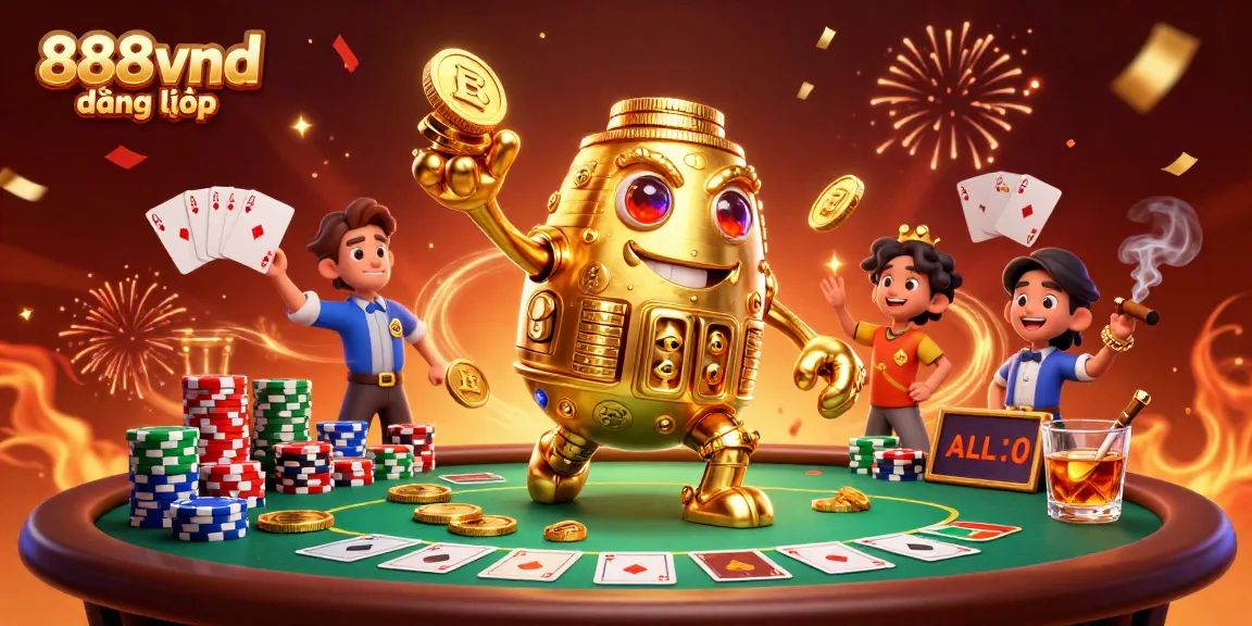 Experience excitement with 888vnd đăng nhập at a vibrant casino scene full of poker action and golden treasures.