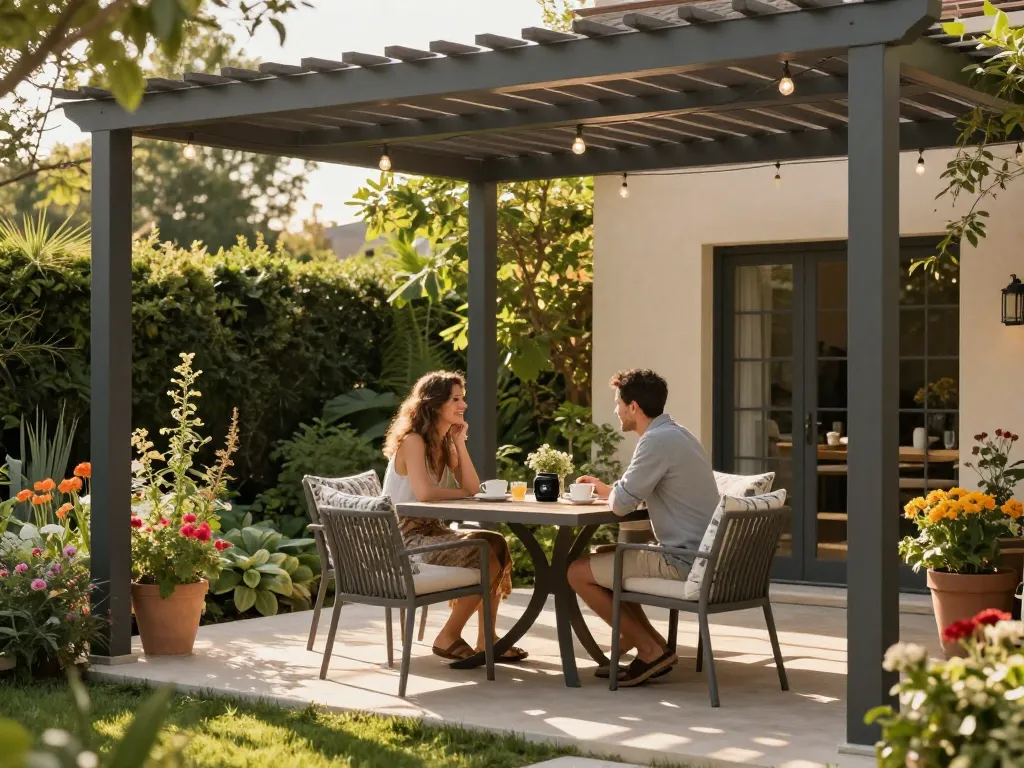 Vivendo all'aperto in modo accogliente sotto una pergola elegante con configuratore pergole con preventivi automatici per design personalizzati.