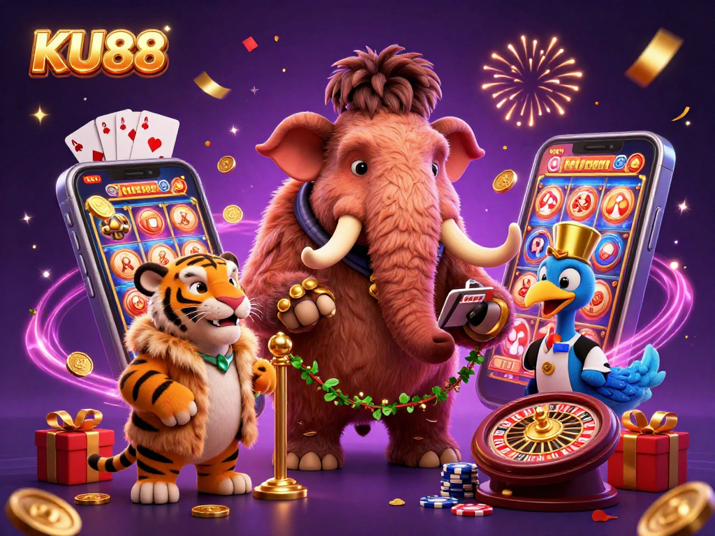 KU88 casino scene with a woolly mammoth bouncer, saber-tooth VIP, and dodo doorman