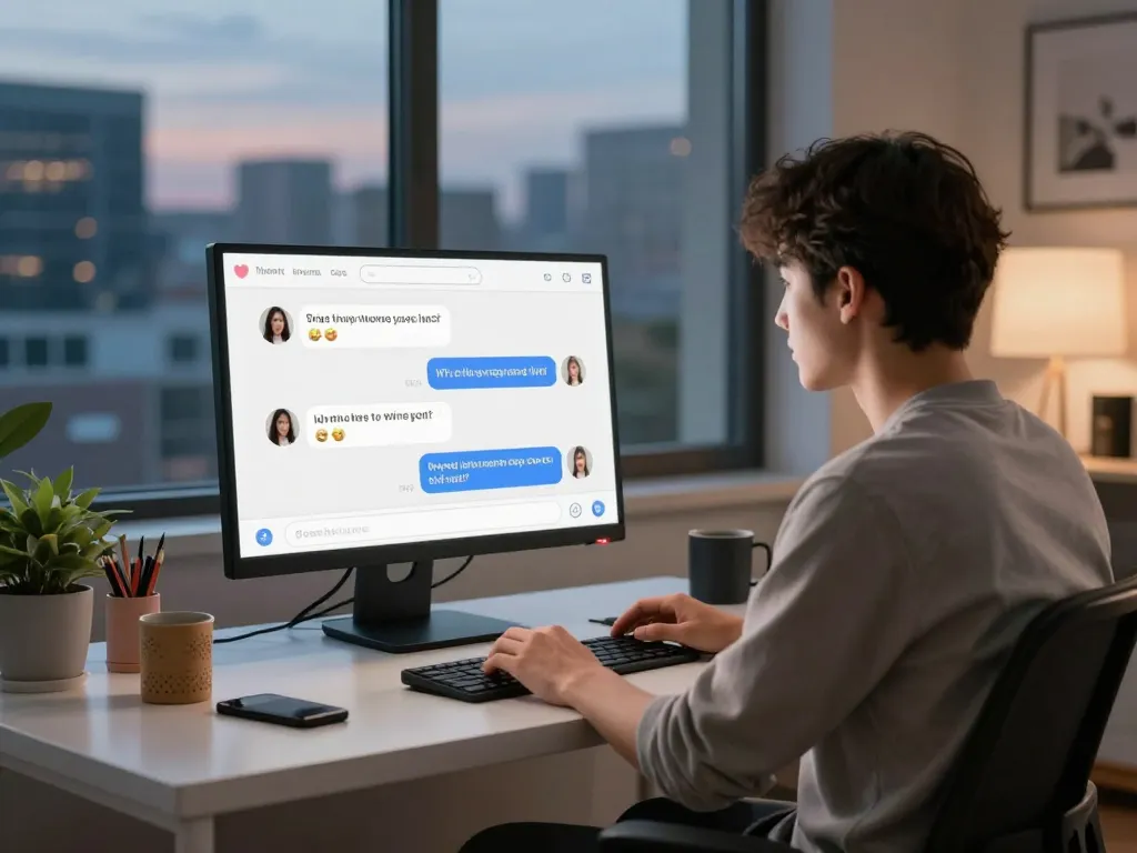 User engaging in a sex AI chat with a virtual companion in a cozy home office, showcasing playful conversation and digital connection.