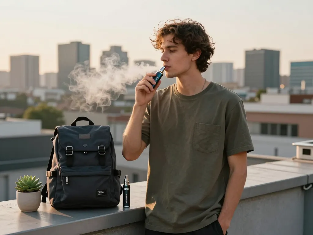 Godendo del Puff THC Italia da una elegante penna vaporizzatrice su un tetto in città.