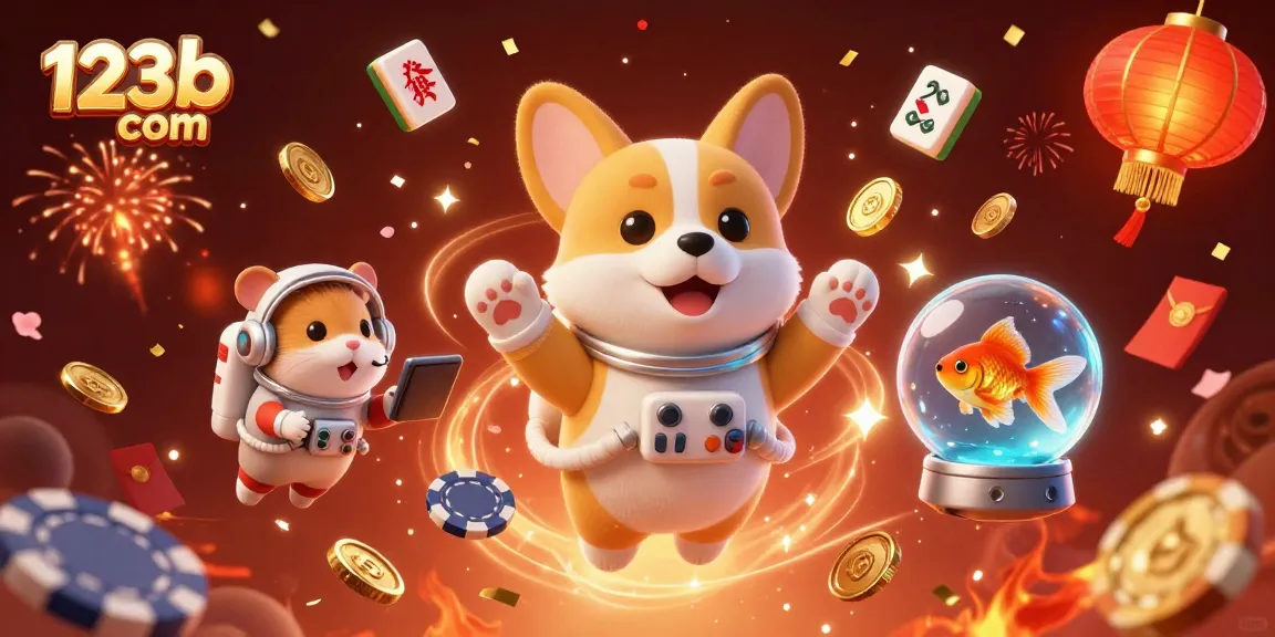Engage with exciting games at 123b com as a 3D astronaut corgi enjoys a floating casino adventure.