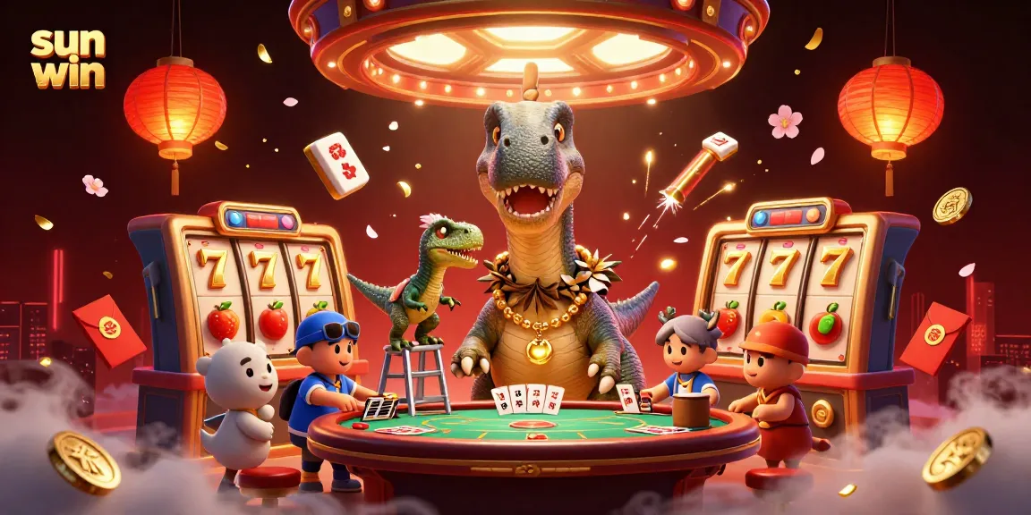 Experience sun win magic with a playful brontosaurus overseeing a dazzling casino scene filled with vibrant slot elements.