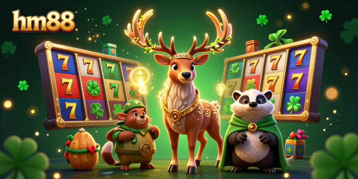 Engage in winning at hm88 with vibrant slot reels and magical characters in a lively casino scene.