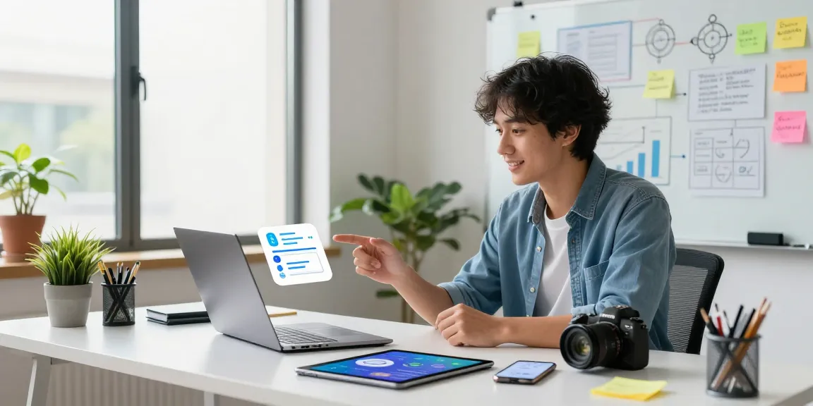 Young entrepreneur utilizing spicy AI chatbot in a vibrant digital workspace, surrounded by tech gadgets and notes for productivity.
